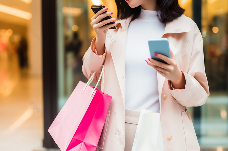 618粉衣女郎美女购物特写双手拿着手机提着购物袋,高清,摄影图,摄影图片,图片大全,摄影图免费下载